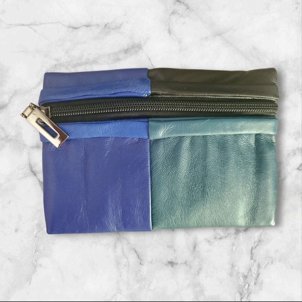 Handmade Leather Patchwork Coin Purse – Blue/Teal/Black – One-of-a-Kind